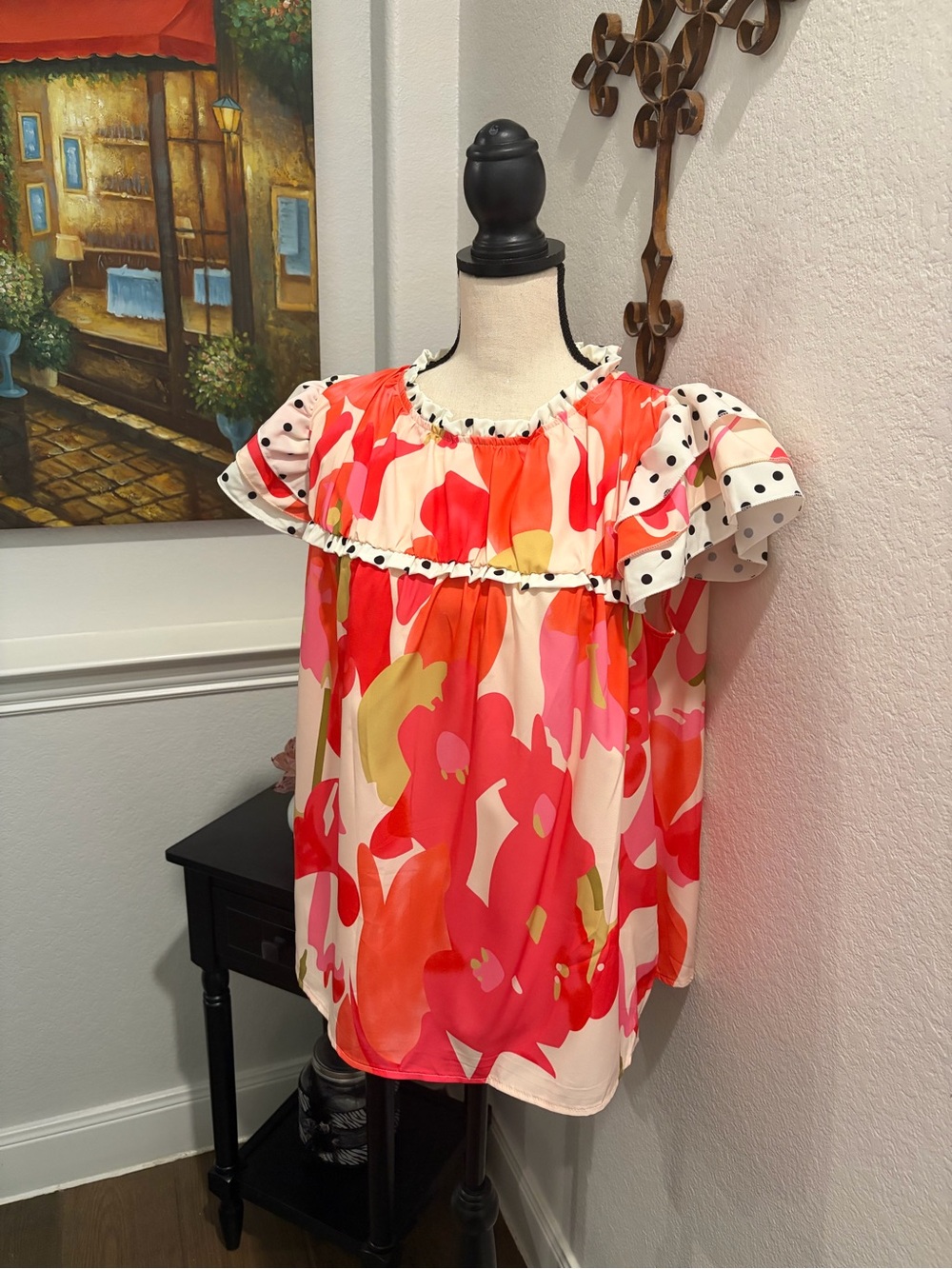 SHEIN Pink Red Orange Floral Ruffle Sleeve Tunic Blouse